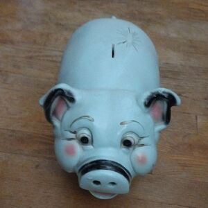 Vintage Ceramic Pig Bank in Pale Blue with Pink Cheeks